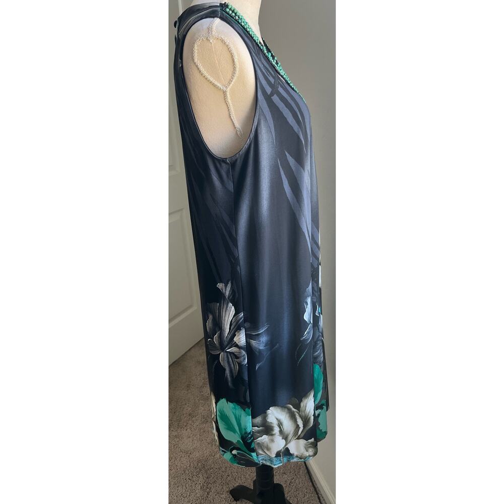 STUDIO I Floral Turquoise Black Blue Beaded Neckline Sleeveless Swing Dress 14 - Picture 5 of 9